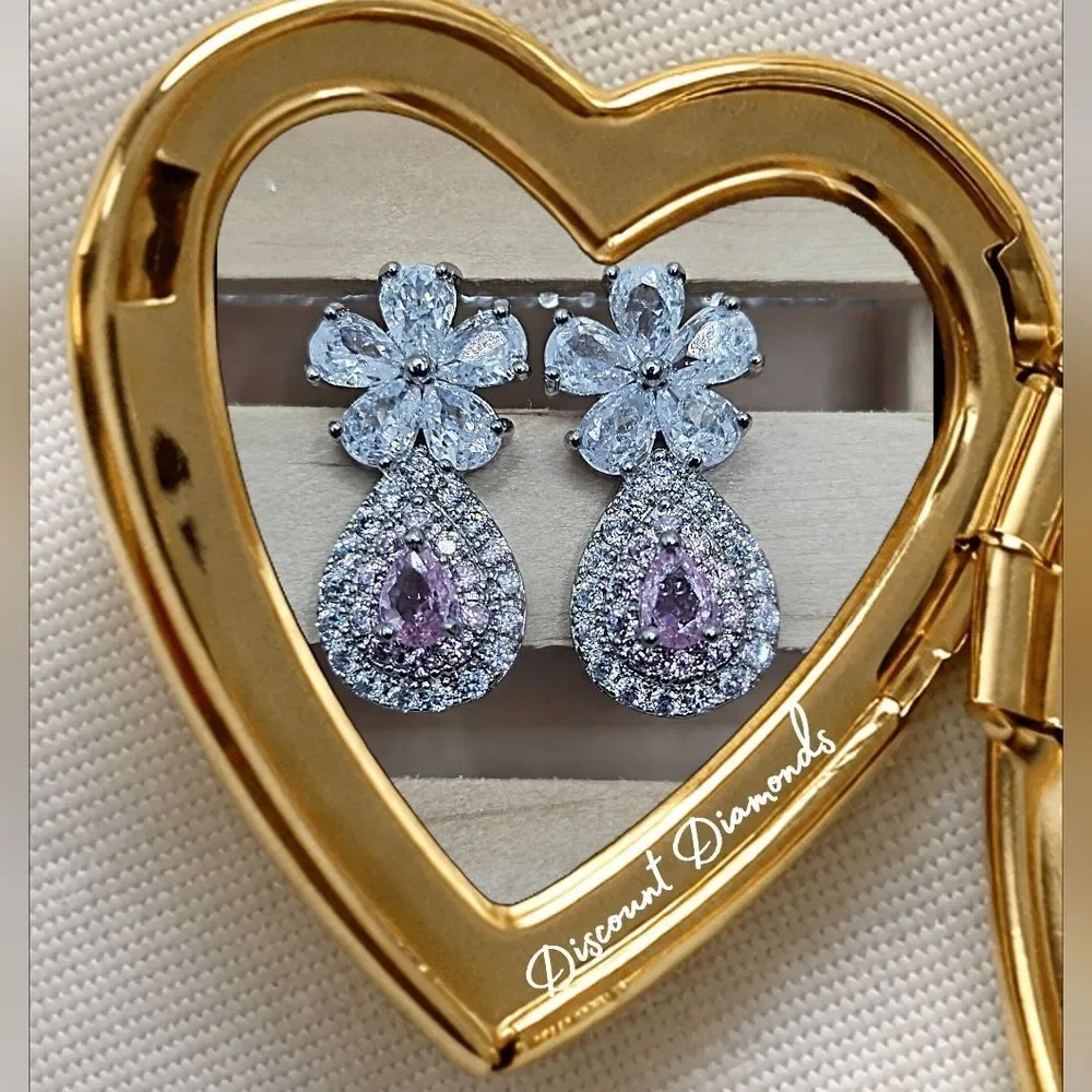 Pink Pear Cut & White Topaz Earrings 925 Sterling Silver